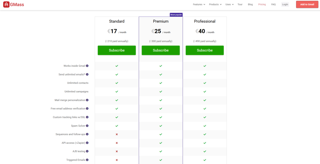 gmass pricing individual plans