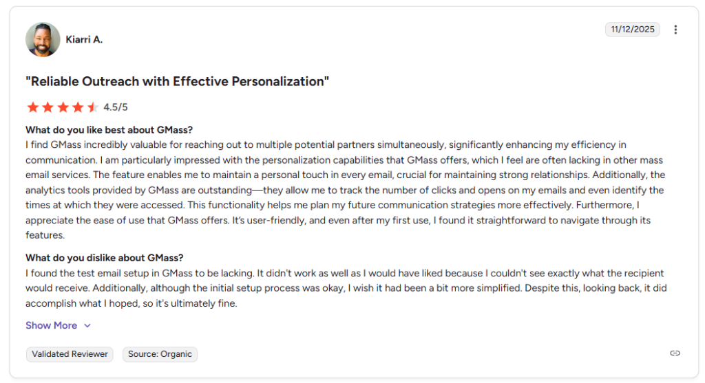 gmass user review from Kiarri G2