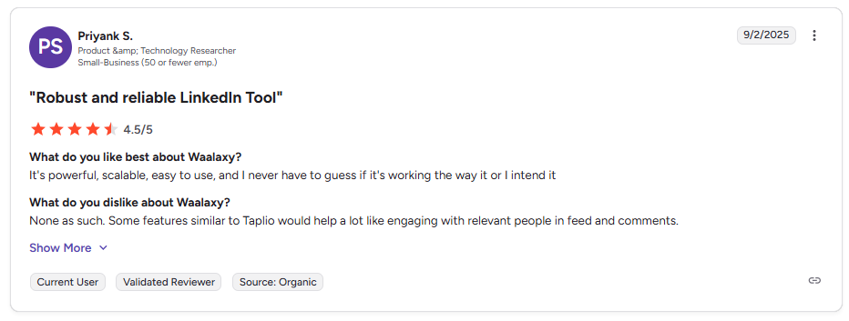 Waalaxy user review on email and linkedin automation