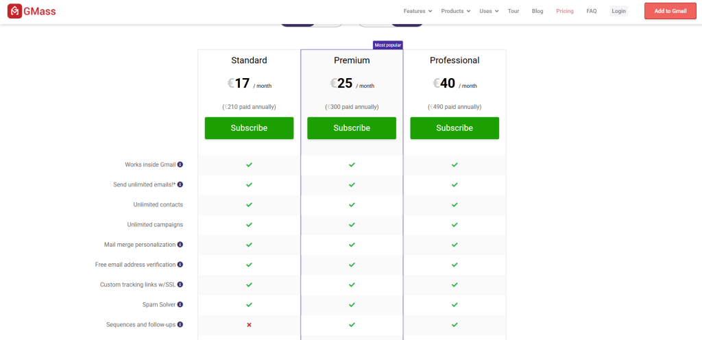 official gmass pricing page.
