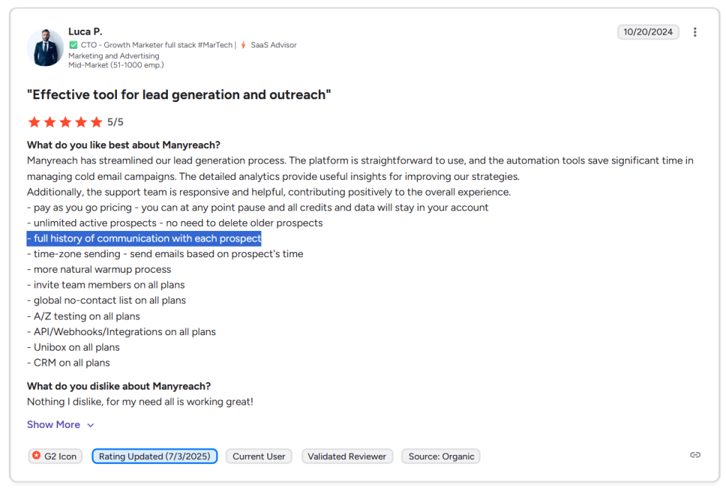 manyreach reviews g2 - 1 mention of advanced email warm up