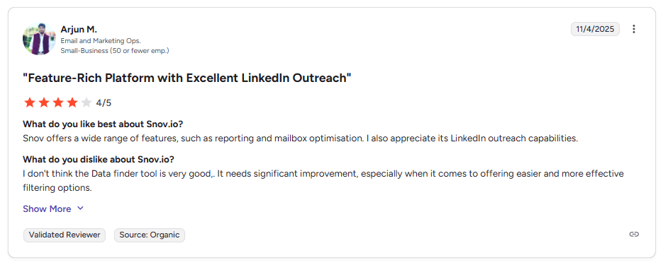 Snovio user review - not so positive feedback