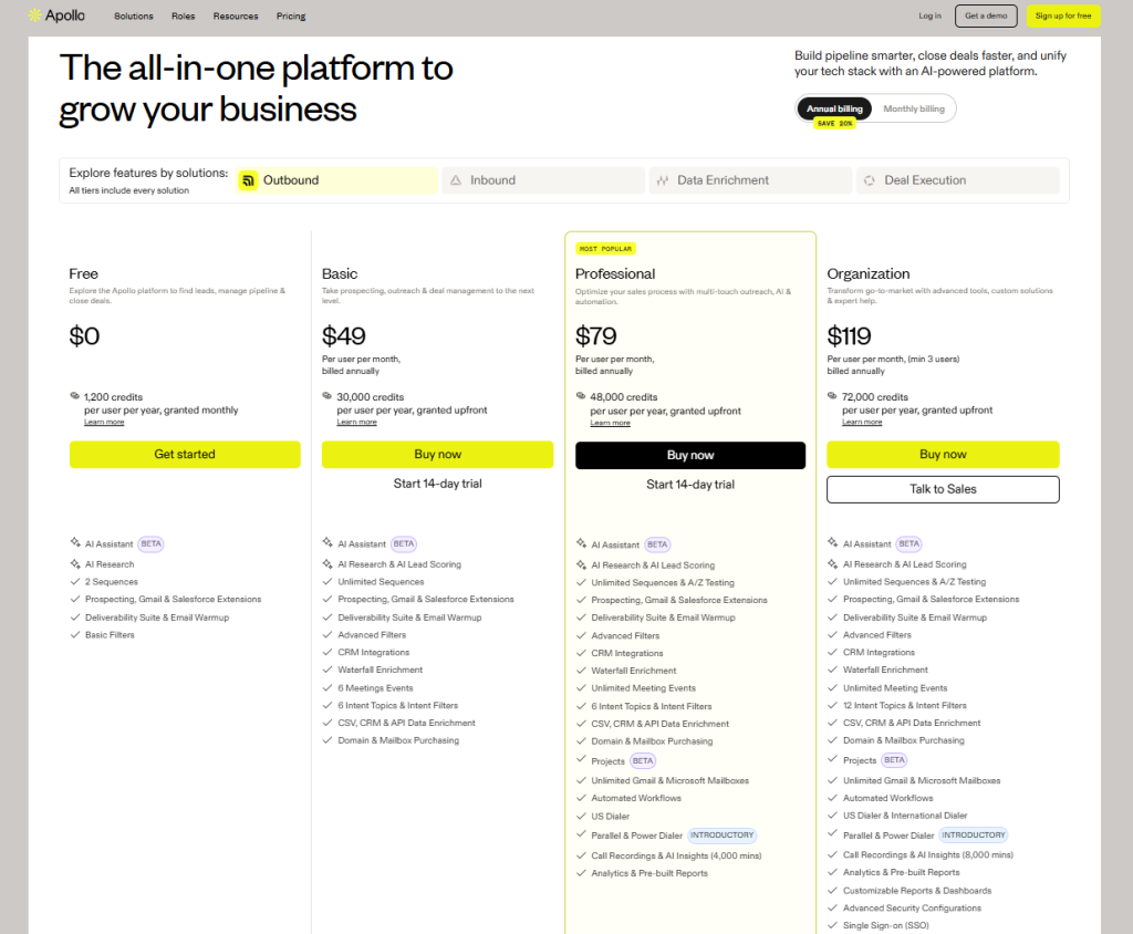 Apollo's pricing page.