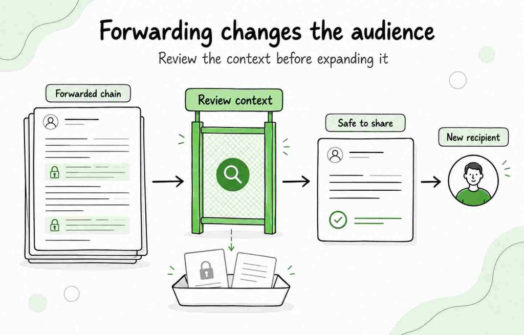 Forwarded email chain passing through a context review before a shortened, safe version is shared with a new recipient.