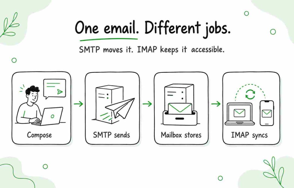 Email journey showing SMTP sending a message to the recipient’s mail server and IMAP synchronizing it across connected devices.