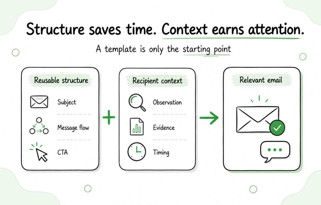 Reusable email structure combined with recipient-specific observations, evidence, and timing to create a relevant agency email.