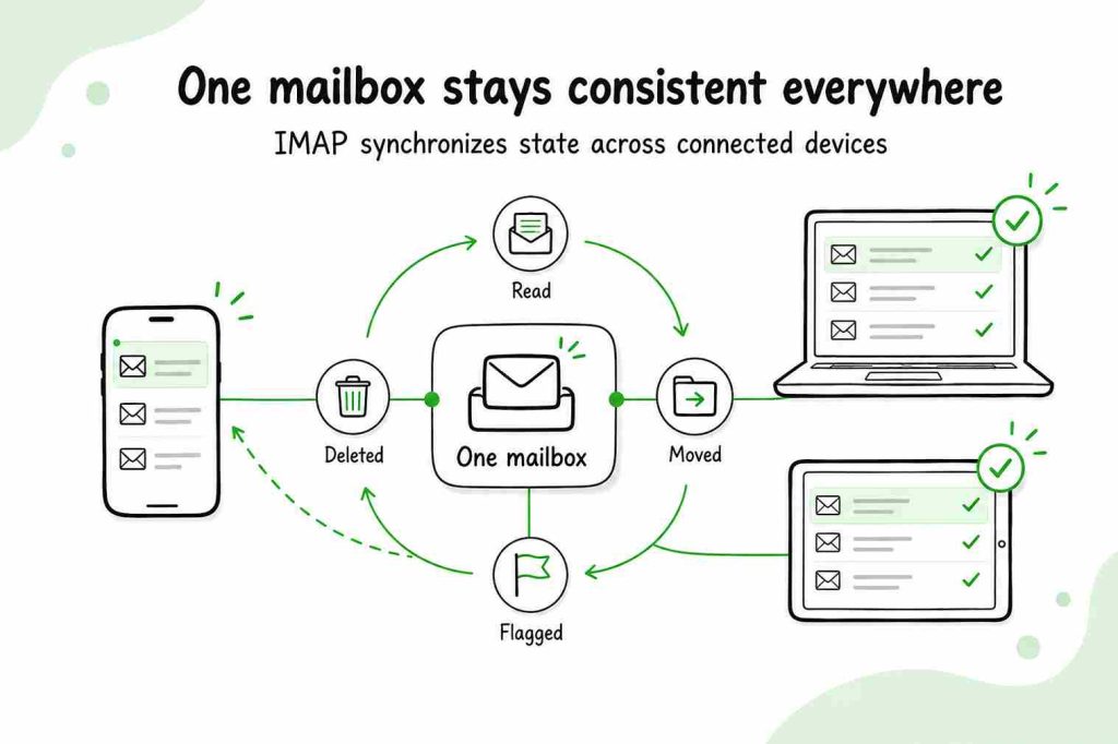 IMAP synchronizing read, moved, flagged, and deleted email states between one server mailbox and multiple devices.