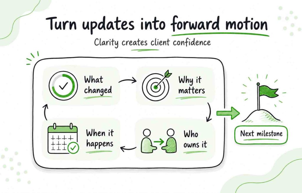 Client update connecting what changed, why it matters, who owns the action, and when the next milestone will happen.