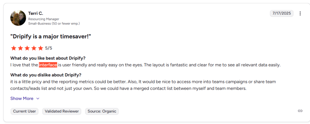 dripify user review on G2 about its interface