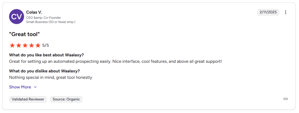a Waalaxy user review commenting on easy set up 