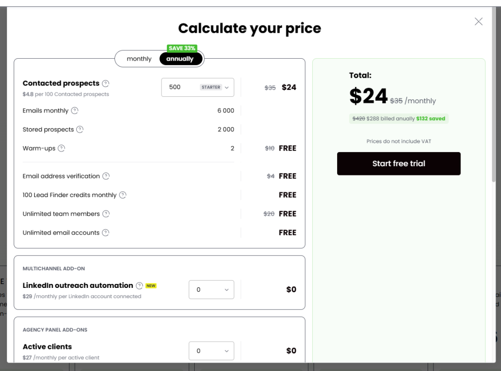 Woodpecker's pricing calculator for linkedin outreach campaign