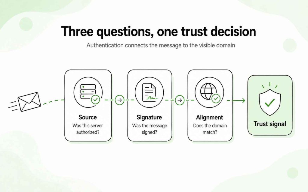 Email authentication process checking the sending source, message signature, and domain alignment to produce a trust signal.