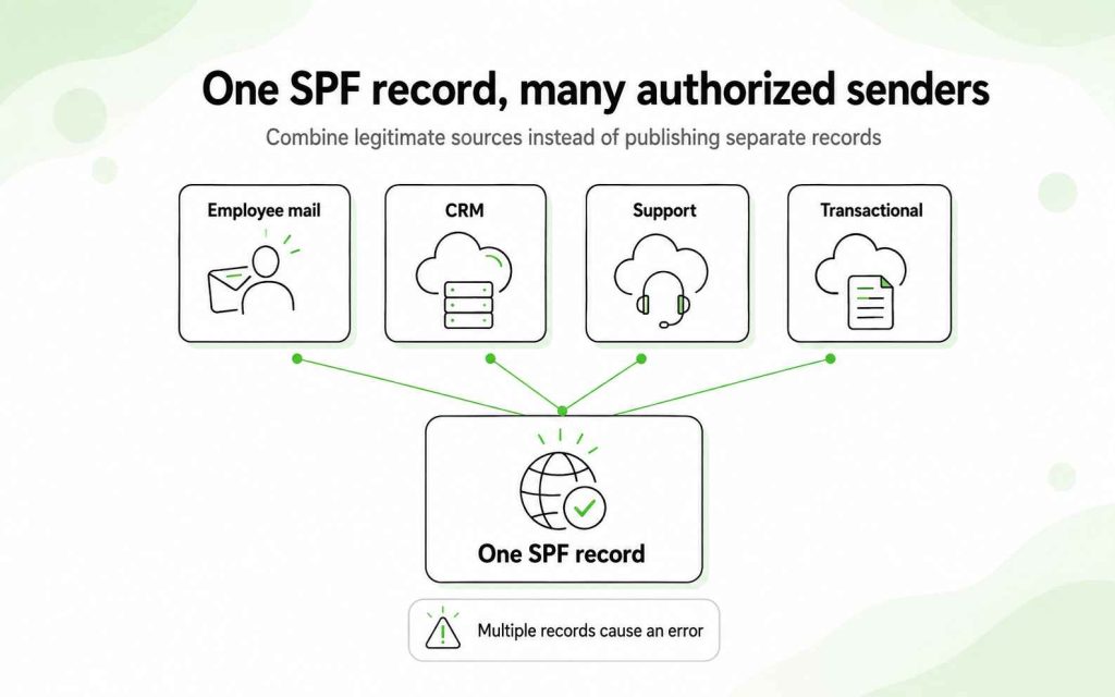 Employee mail, CRM, support, and transactional systems combined within one SPF record instead of separate record.