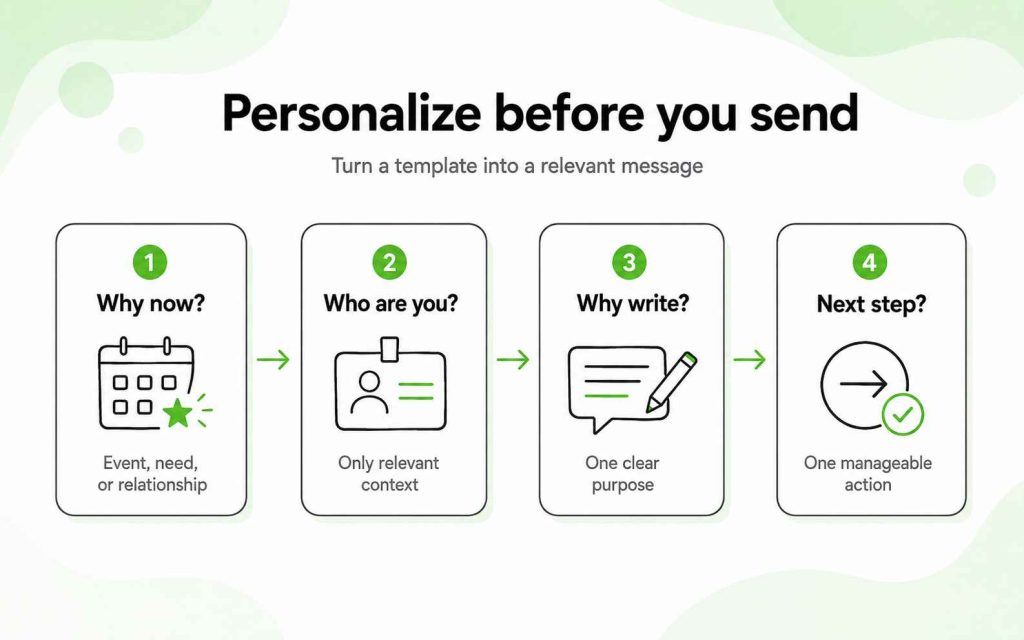 Four-step framework for personalizing an email introduction based on timing, identity, purpose, and next action.