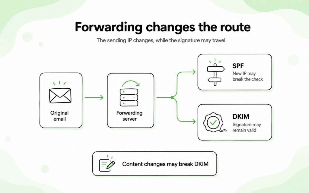 Email forwarding changing the sending IP and potentially breaking SPF while an unchanged DKIM signature may remain valid.