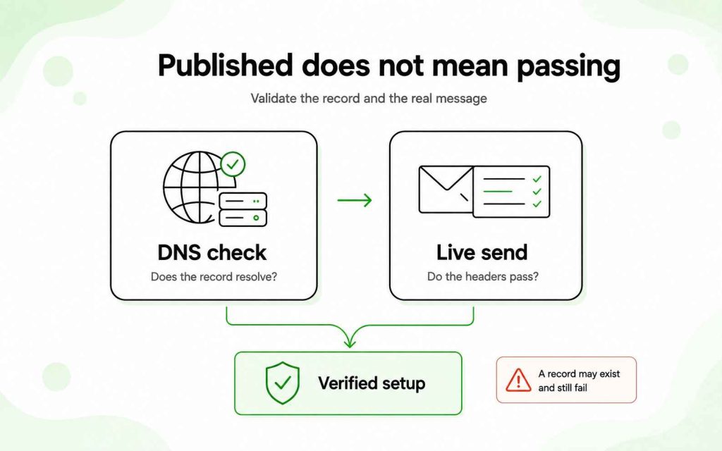 Two-stage authentication verification combining a DNS record check with a live email header test.