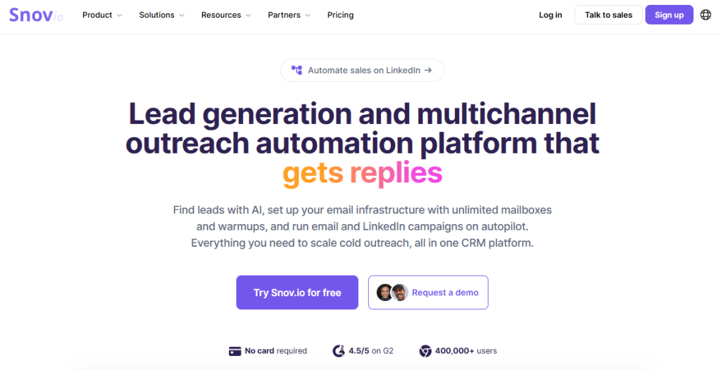 Snov.io main page.