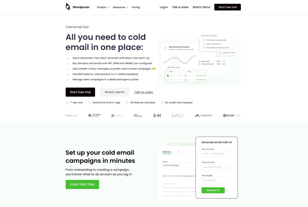 Woodpecker homepage showing cold email features and trial CTA.