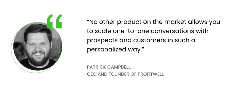 Customer testimonial with headshot and ProfitWell founder quote.