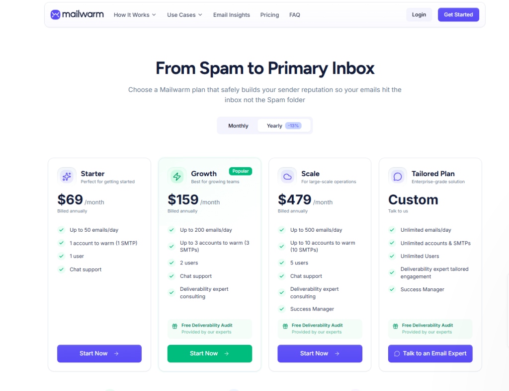 Mailwarm pricing site.