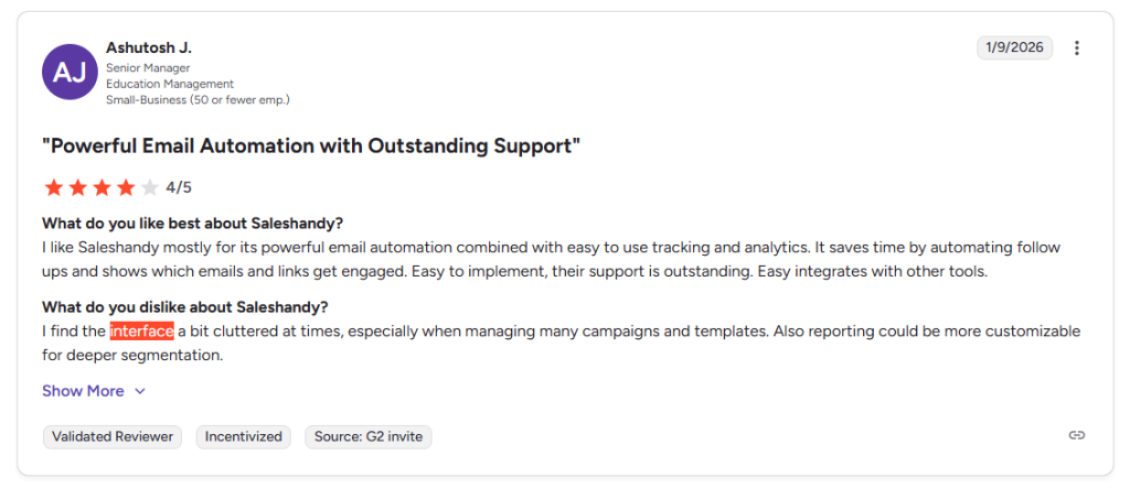 saleshandy user review mentioning cluttered user interface