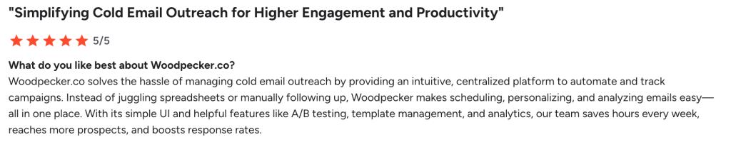 Five-star Woodpecker review about outreach productivity and engagement.