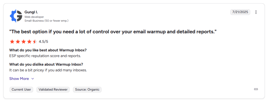 Warmup Inbox review praising detailed reports and inbox control.