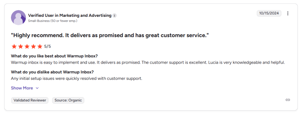 Positive Warmup Inbox review praising setup and customer support.