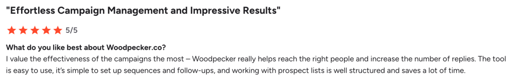 Five-star Woodpecker review about campaign results and ease of use.