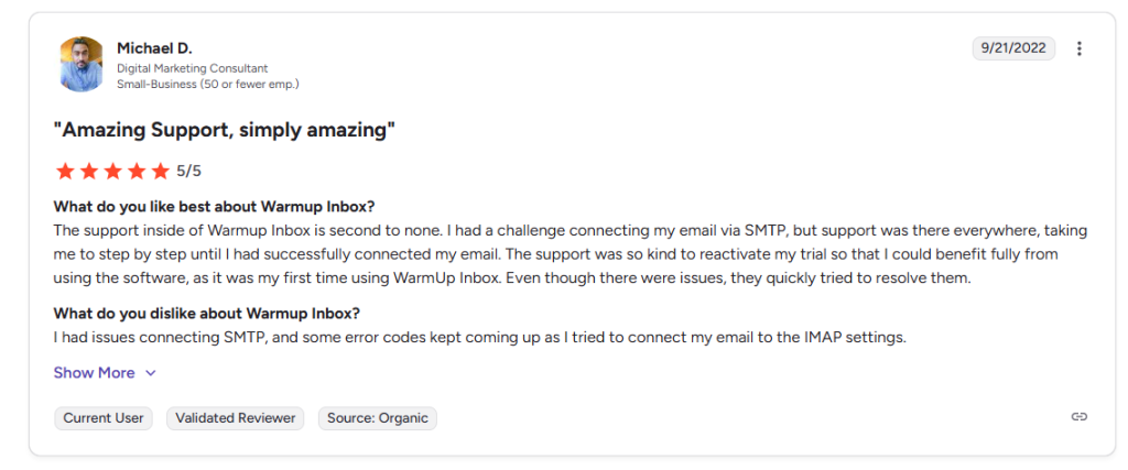 Warmupinbox user review on G2.