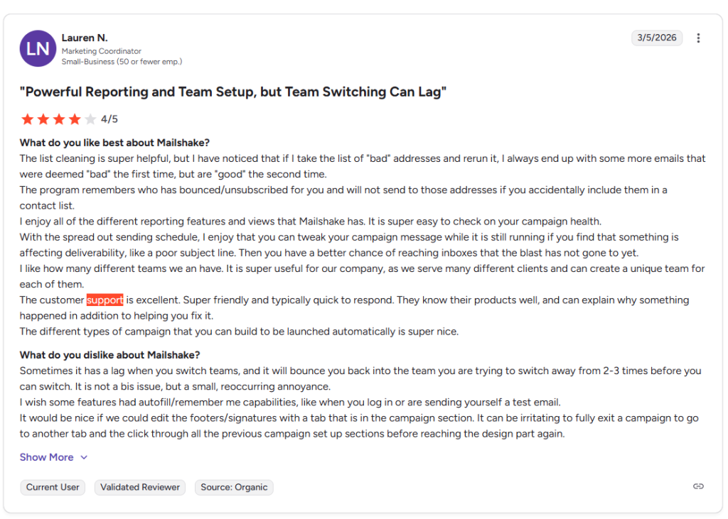 mailshake user review mentioning excellent customer support