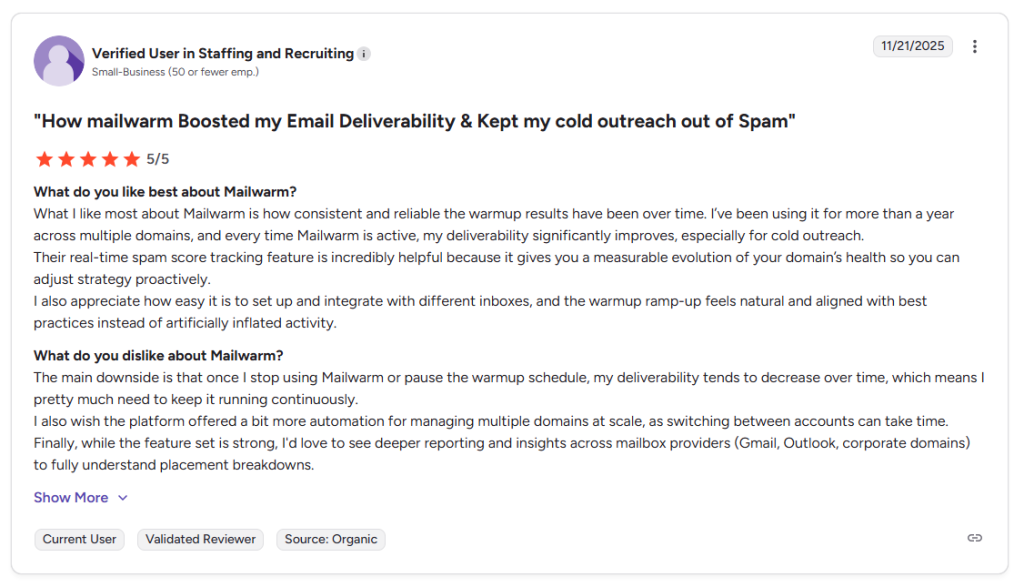 mailwarm user review on g2; spam traps