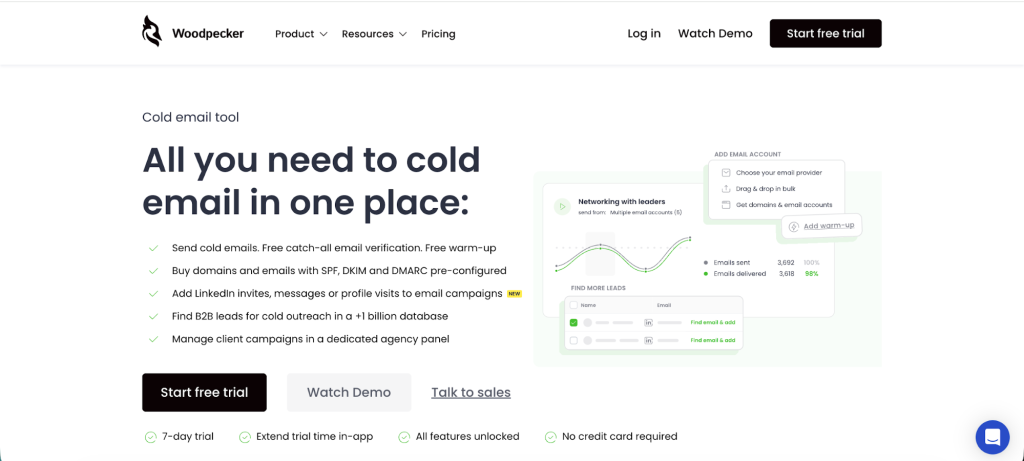 Woodpecker homepage screenshot showing cold email features, lead generation tools, and free trial access as an alternative to Overloop.