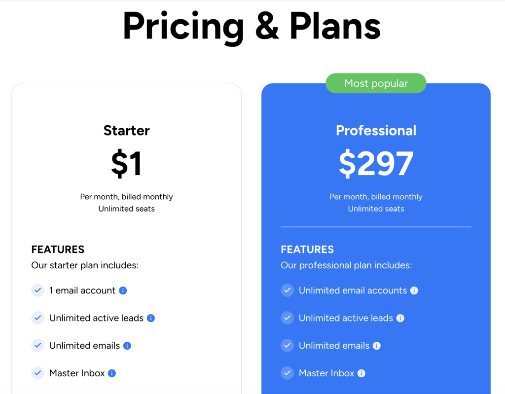 Emailchaser pricing page showing the $1 Starter plan and $297 Professional plan billed monthly.