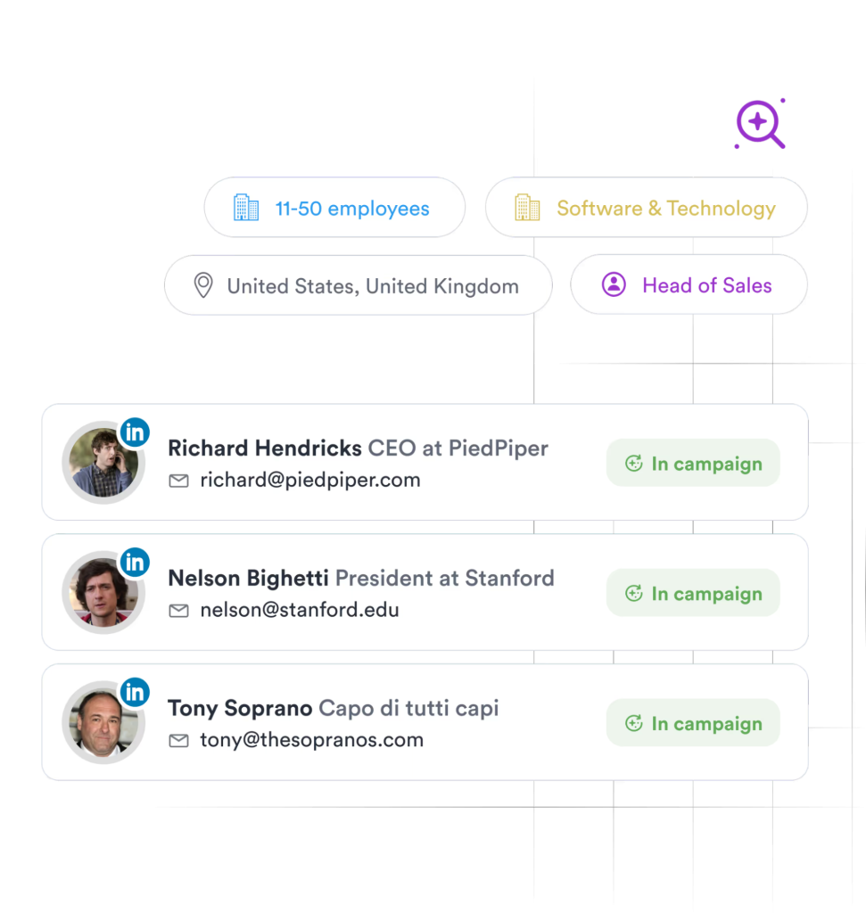 Overloop lead filtering interface showing company size, industry, location, and job title filters with prospect cards in campaign.