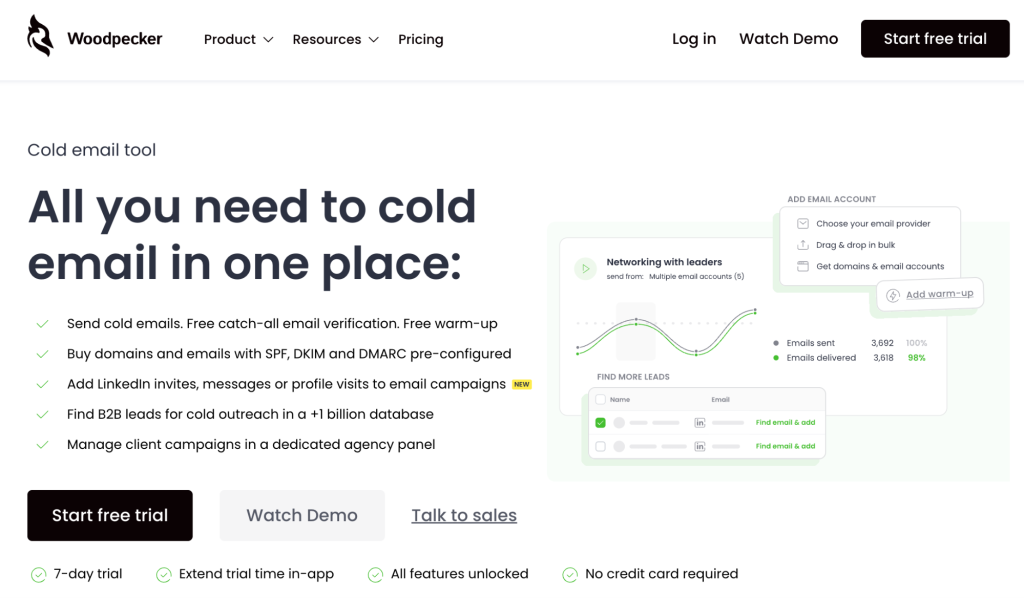 Woodpecker homepage screenshot showing cold email outreach, free warm-up, and deliverability features as an alternative to Warmbox.
