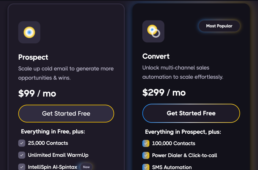 Uptics pricing: Prospect and Convert plans.