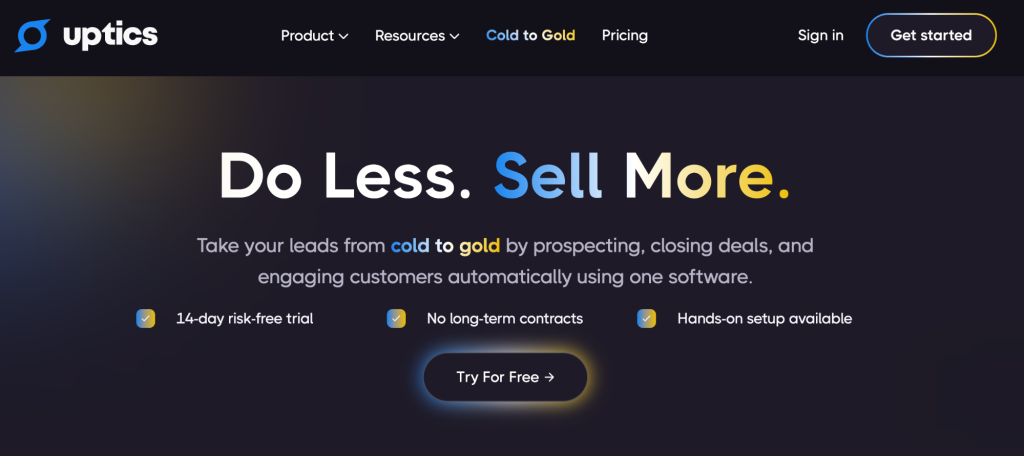 Uptics homepage showing its sales automation message, trial offer, and main navigation.