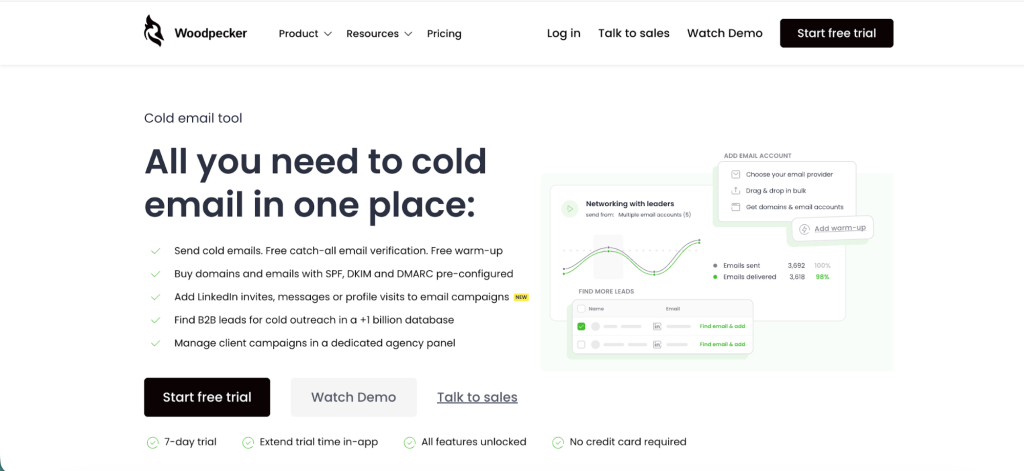 Woodpecker homepage highlighting cold email features, warm-up tools, and free trial access as one of the top Emailchaser alternatives.