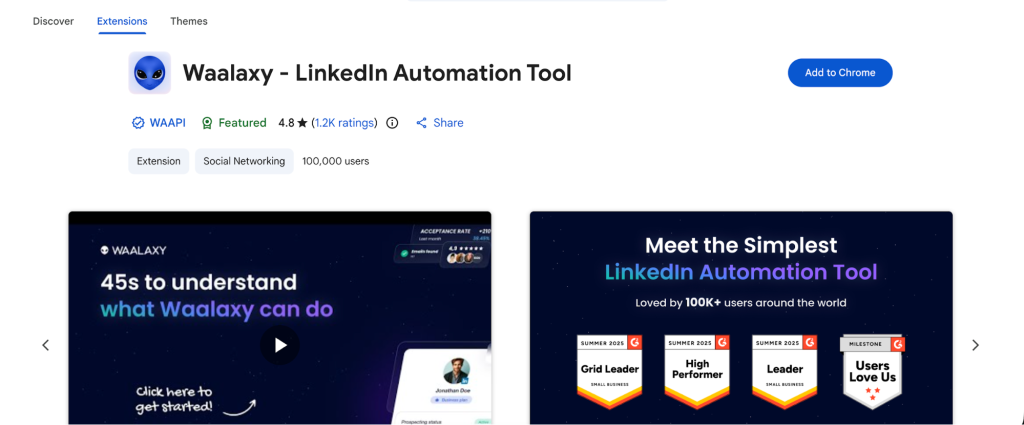 Chrome Web Store page for Waalaxy showing ratings, user count, and LinkedIn automation extension details.