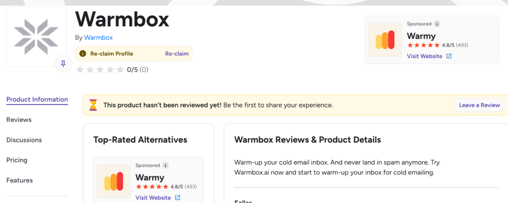 Review site profile for Warmbox showing no user ratings or reviews published yet.