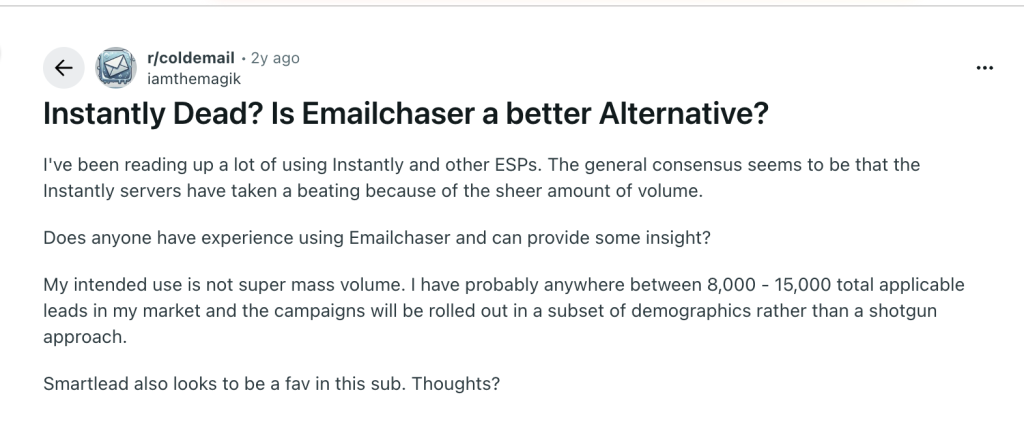 Reddit thread screenshot where users question Emailchaser’s credibility and accuse the company of using fake promotion tactics.