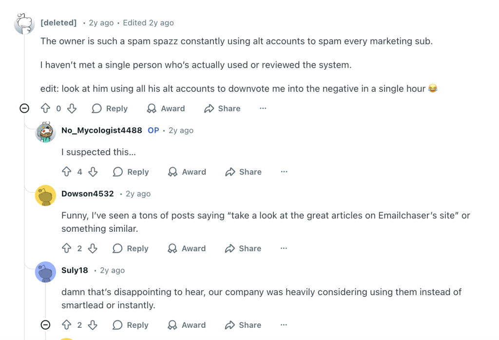 Reddit thread screenshot with users criticizing Emailchaser’s promotion tactics and lack of real reviews.
