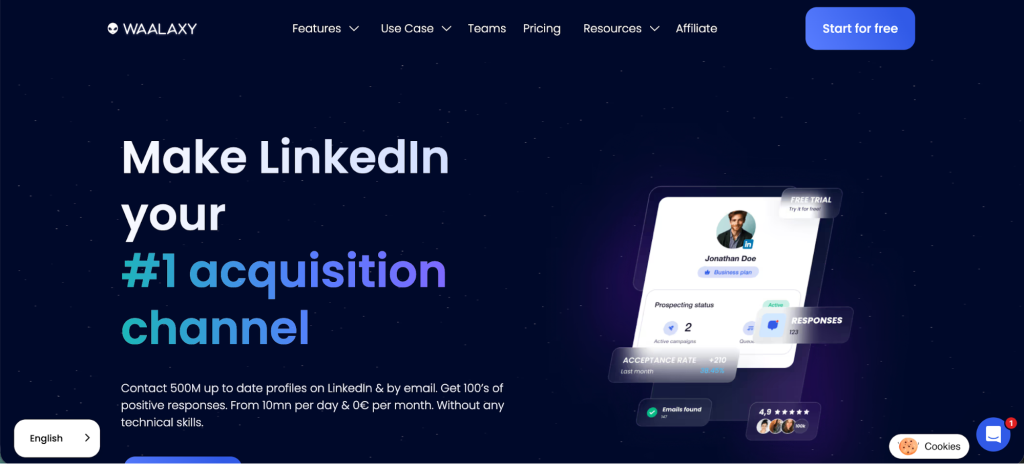 Waalaxy homepage promoting LinkedIn as a top acquisition channel with automation and outreach features.