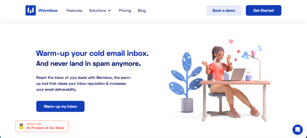 Warmbox homepage promoting inbox warm-up and better email deliverability with a desk illustration.