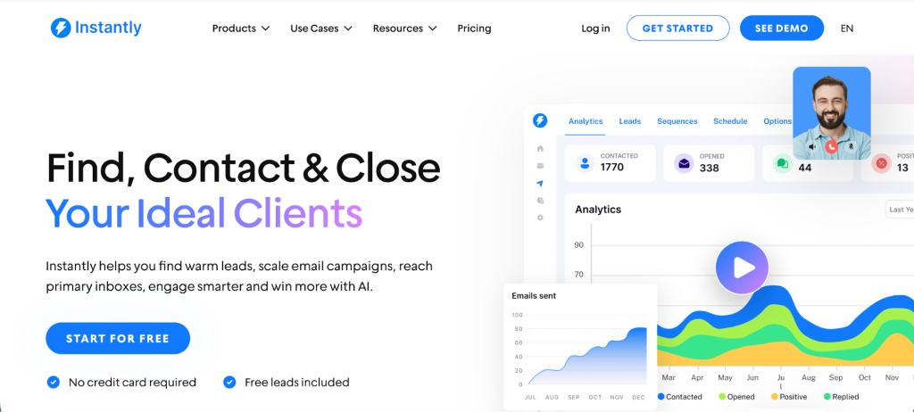 Instantly homepage presenting lead generation, email campaign scaling, and AI features as an Emailchaser alternative.