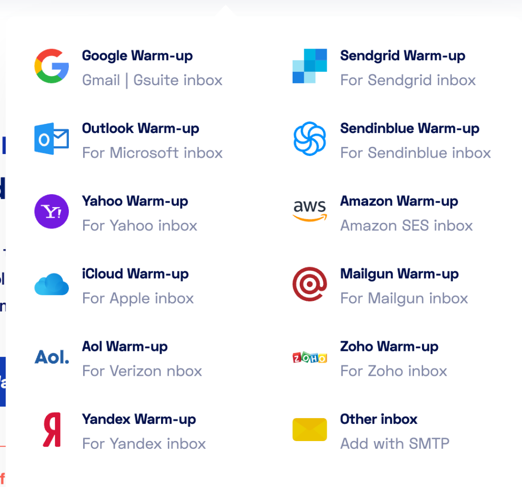 Warmbox provider support list showing warm-up options for Gmail, Outlook, Yahoo, SendGrid, Amazon SES, Mailgun, Zoho, and other inboxes.