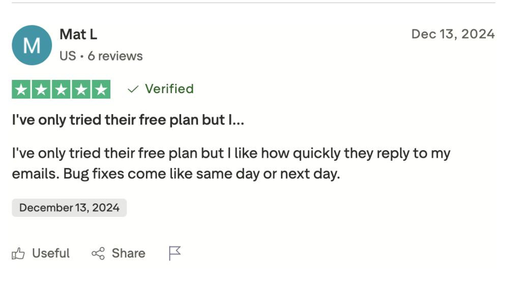 Trustpilot review screenshot showing one of the few public Emailchaser reviews, with a verified five-star rating and positive comment about support.