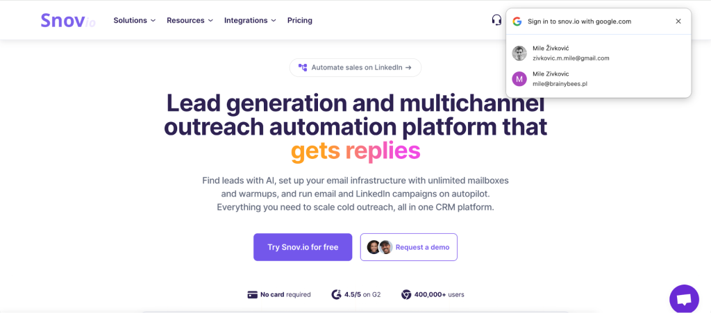 Snov.io homepage featuring lead generation and multichannel outreach automation for cold email campaigns.