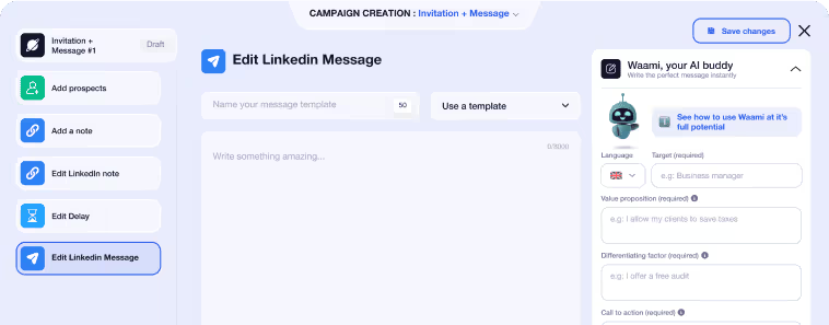 Waalaxy campaign builder screenshot showing a LinkedIn message editor with AI writing assistance and multistep outreach setup.